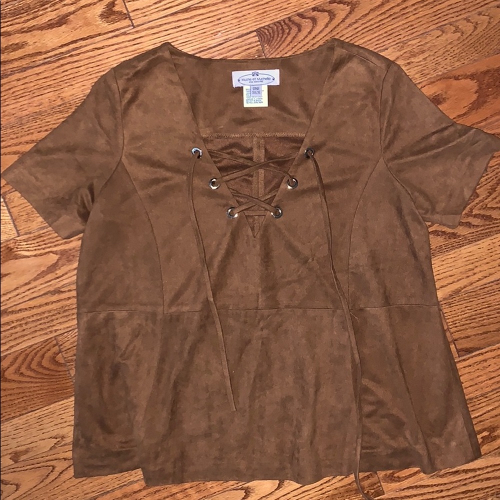Suede cross tie blouse